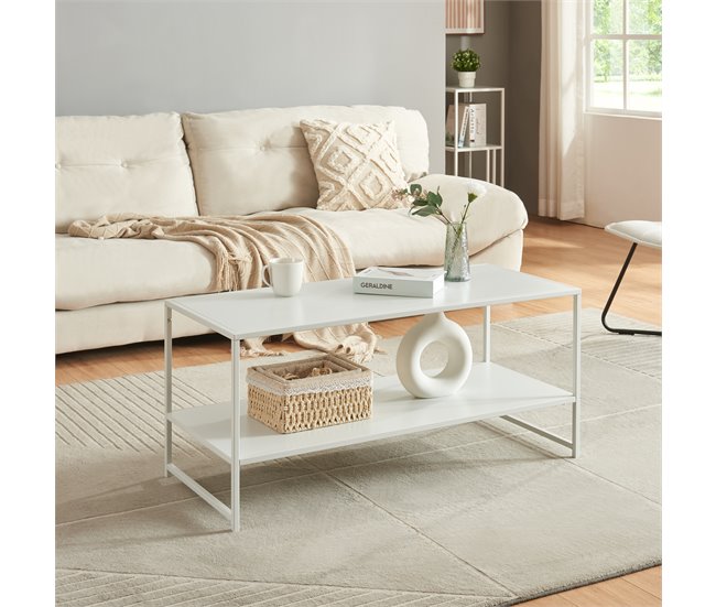 Mesa de centro Ruokolahti con estante acero [en.casa] 43x102 Blanco