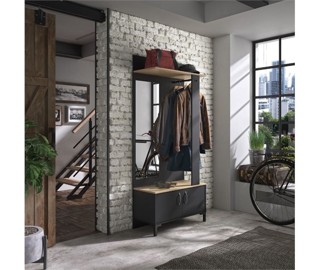Mueble recibidor con espejo MANCHESTER Negro/ Madera