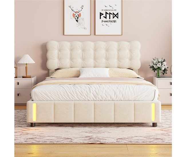 Cama tapizada, luces LED, espacio de almacenamiento Beige