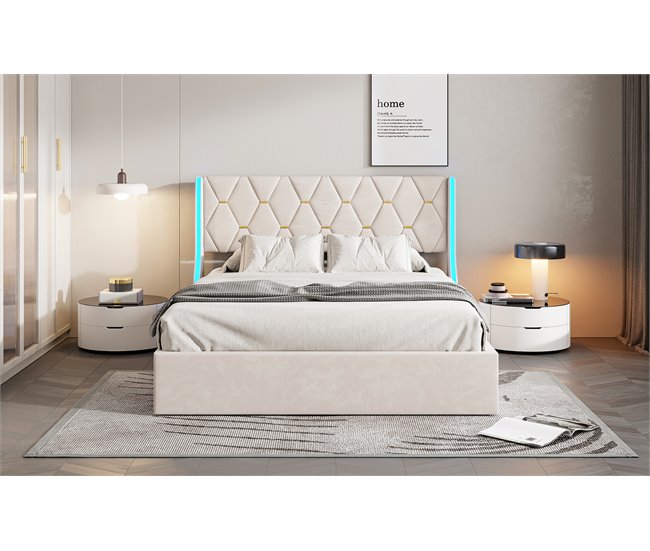 Cama estofada, LED, espaço de armazenamento Beige