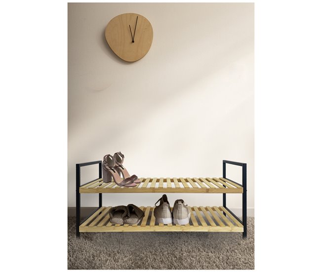 Acomoda Textil - Zapatero de Madera y Metal Amplio. (2 niveles) Negro/ Madera