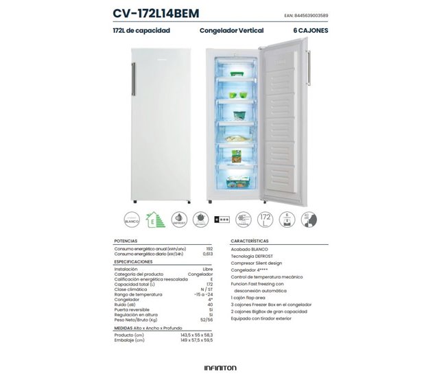 Congelador Vertical Infiniton CV-172L14BEM, 172 l, E, Ciclico, 6 Cajones Blanco