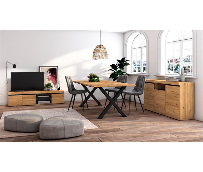 Conjunto Muebles de Salón, Mesa, Aparador, Mueble TV Roble
