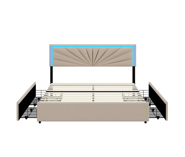 Cama con cabecero LED y 4 cajones de almacenaje Beige