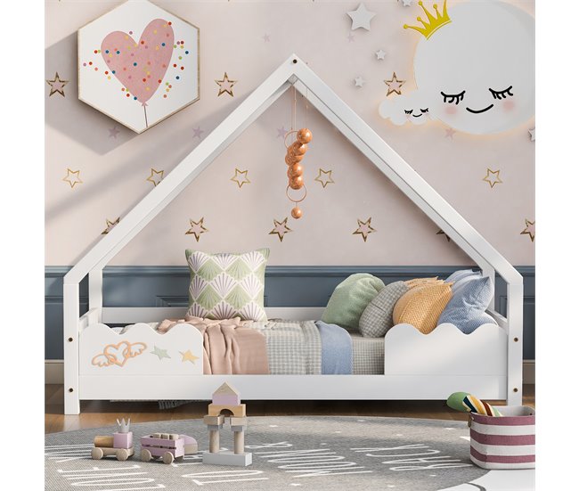 Cama cabaña infantil de madera de pino 206x96 Blanco
