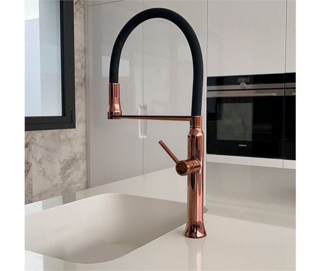 Grifo de Fregadero de Cocina Monomando Cobre Satinado con Caño Dorado