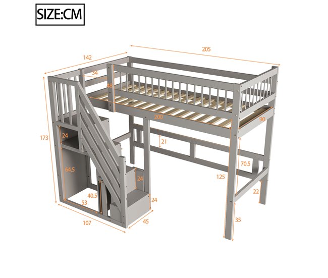 Cama alta para niños 142x205 Gris