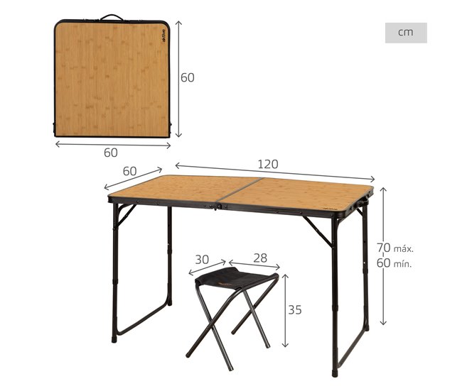 Aktive Mesa plegable aluminio bambú con 4 taburetes Negro/ Madera