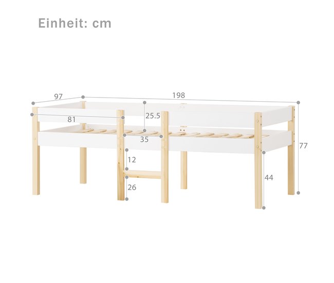 Cama alta infantil de madera de pino 198x97 Blanco/ Madera