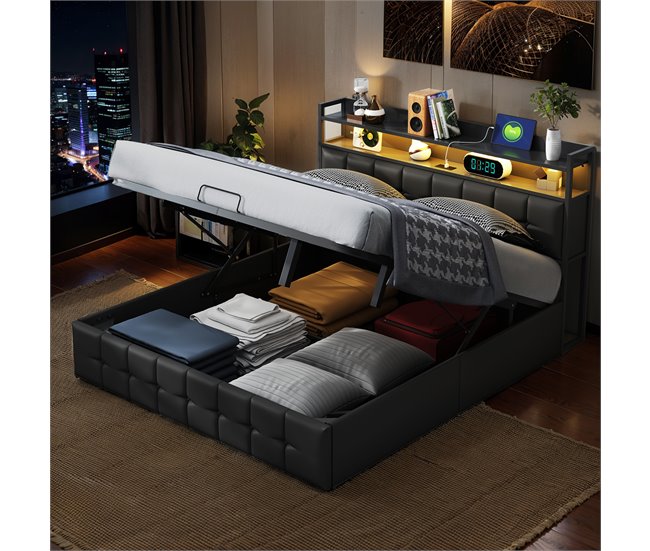 Cama doble con puerto USB, LED y almacenaje. Negro