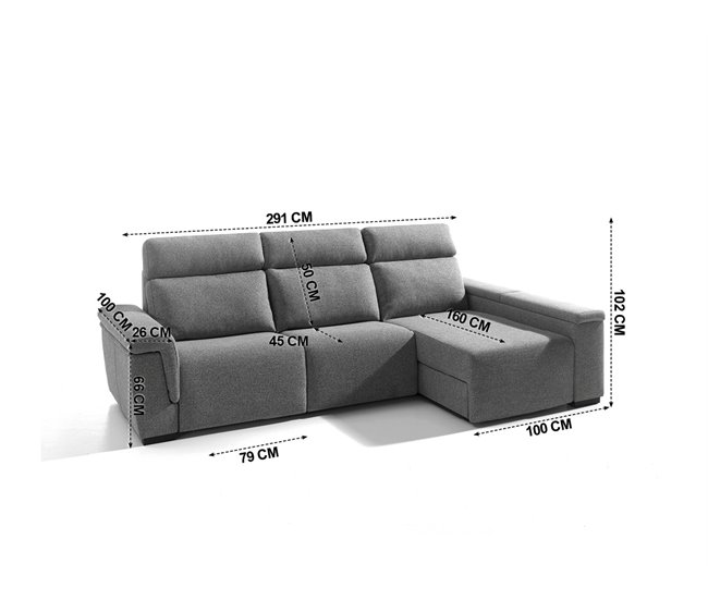 Chaise longue 4 plazas ADRIA relax eléctrico derecho gris claro Gris Claro