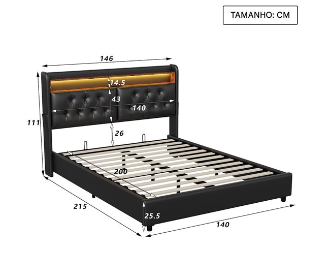 Cama con almacenamiento 200x140 Negro