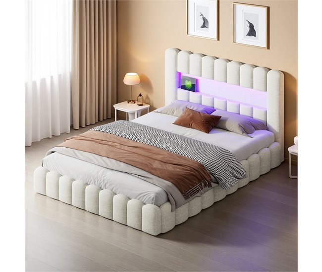 Cama, cama hidráulica, USB, iluminación LED, cama doble 193x220 Beige