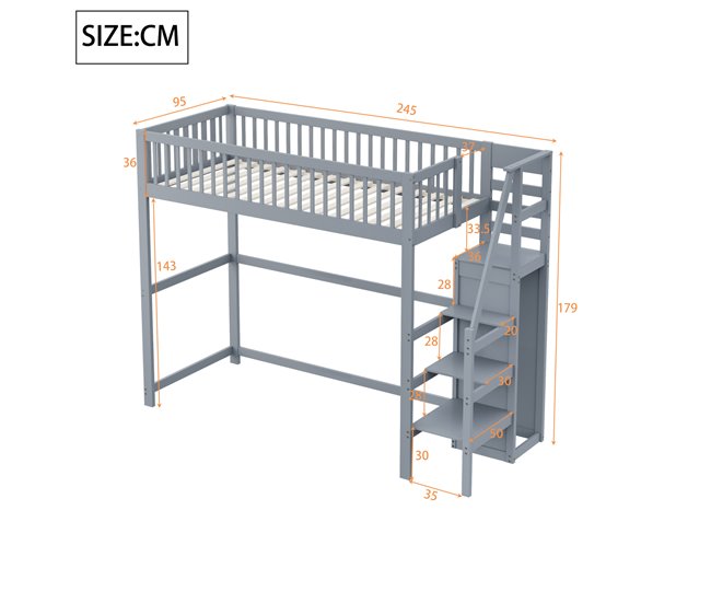 Cama alta para niños 245x95 Gris
