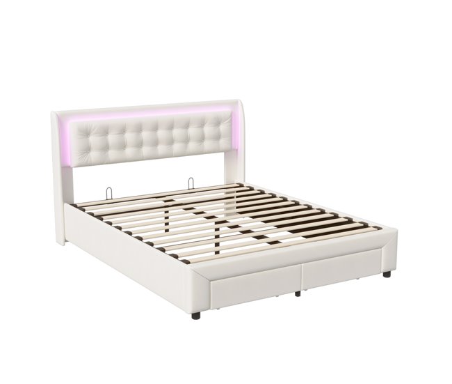 Cama, cajón, LED, USB, bolsa de almacenamiento. 185x203 Beige