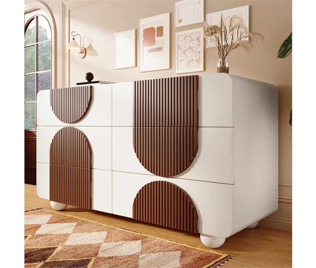 Cómoda doble con 6 cajónes Natural/ Blanco