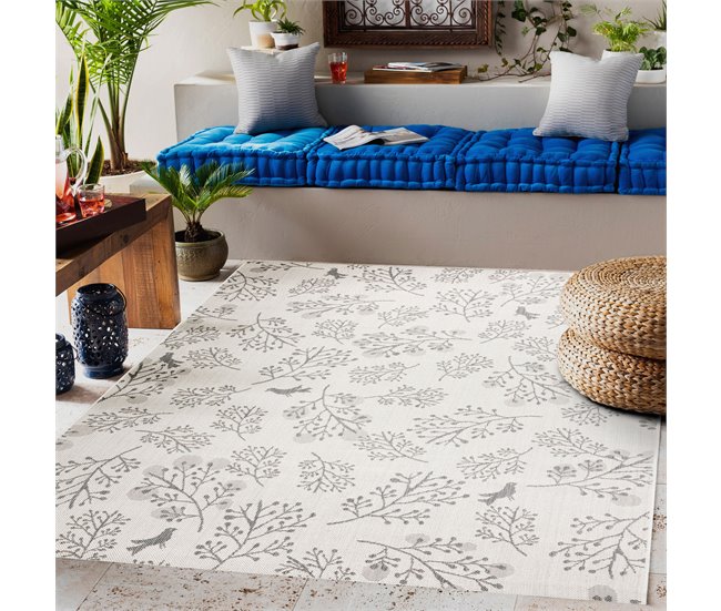 Alfombra de cuerda sisal FLAT Hojas Pájaros 140x200 Blanco/ Gris