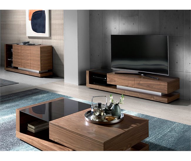 Mueble TV nogal, acero pulido y tapa de cristal negro Nogal