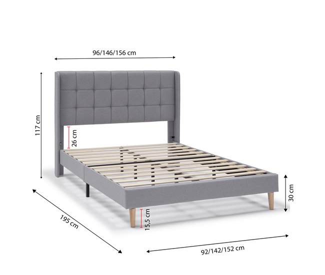 Estructura de Cama tapizada Esther 90x190 Gris Claro