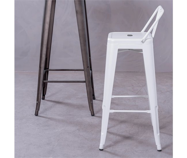 Taburete metálico industrial con respaldo bajo  - Bistro Blanco