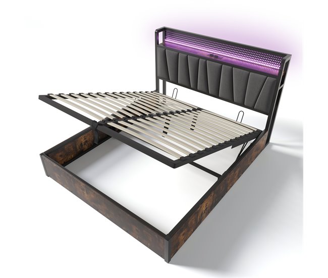 Cama de matrimonio de lino con almacenaje 166x222 Gris