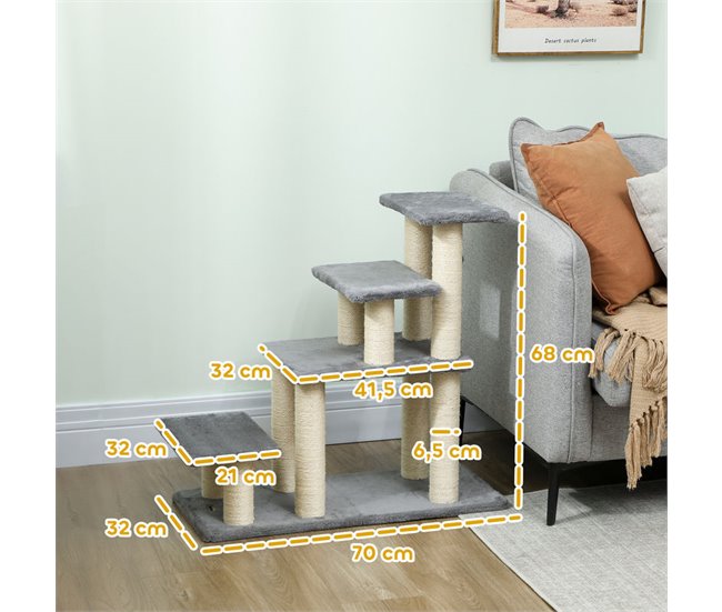 Escalera para Mascotas Aglomerado de Madera, Felpa PawHut Gris