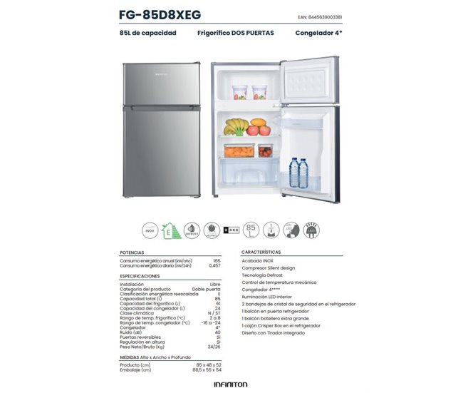 Frigorifico Dos Puertas Infiniton FG-85D8XEG, 85 l Inox