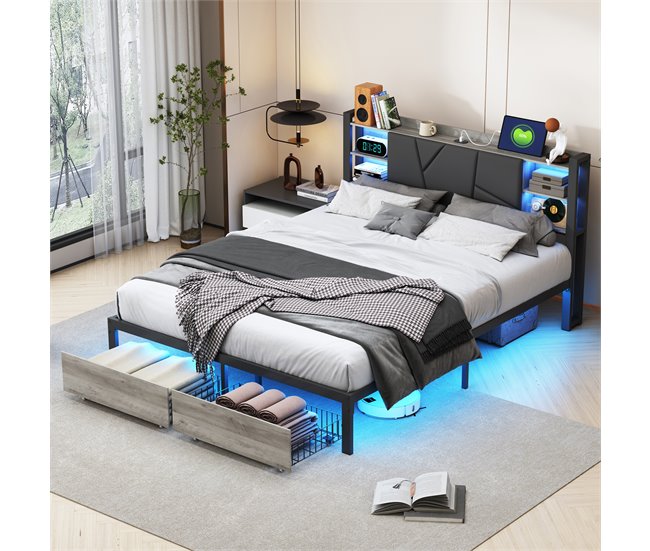 cama, led, usb, cama para adolescentes, cama doble, cajones 140x214 Negro