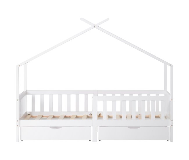 Cama cabaña infantil de madera maciza con 2 cajónes Blanco