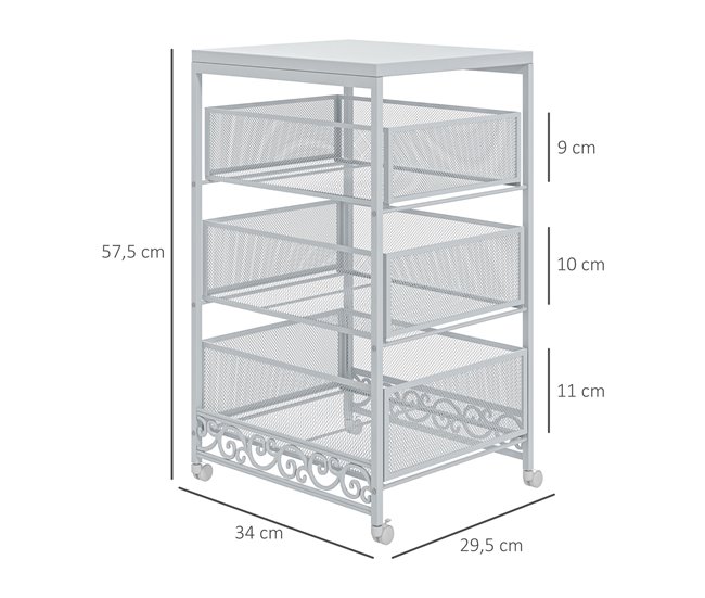 Carrito de Almacenamiento Melamina de Madera, Acero HOMCOM Blanco