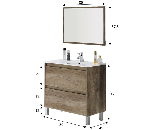 Mueble baño Devin 2 cajones, espejo y lavabo PMMA, Nordik Madera