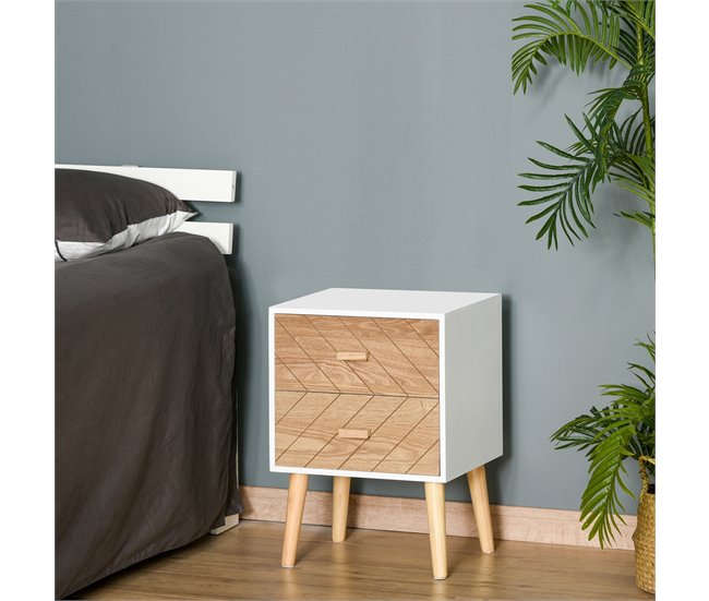 Mesita de Noche MDF y madera maciza HOMCOM 40 Blanco