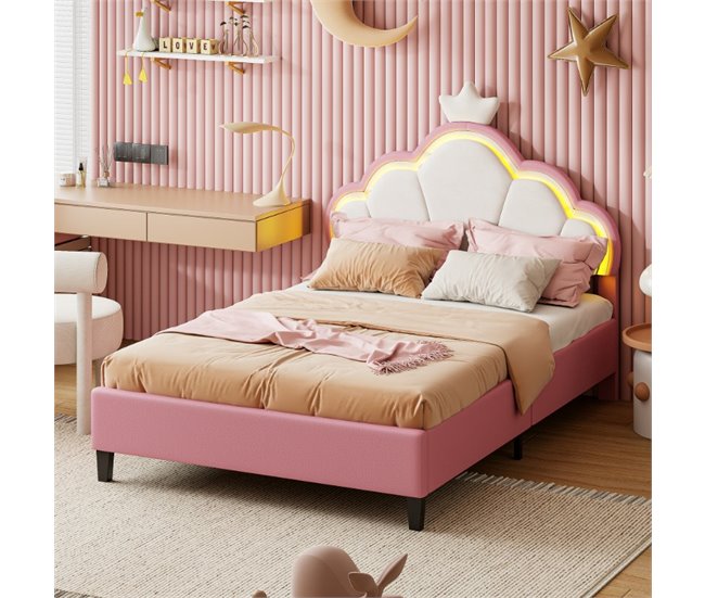 Cama Princesa, con Cabecero Corona Regulable y Luces LED 140x203 Rosa