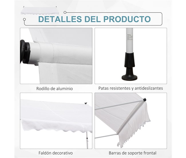 Toldo Manual Retráctil Metal, Aluminio, Poliéster Outsunny 300x150 Blanco