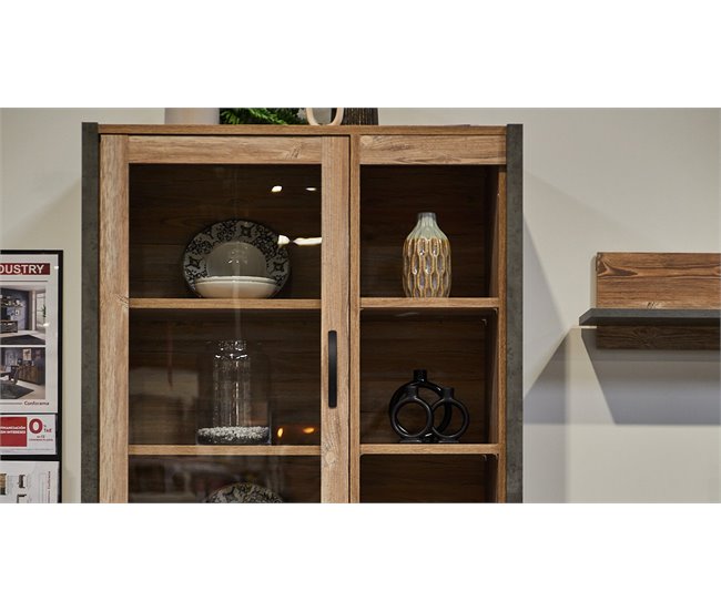 Vitrina doble 2 puertas y 1 cajón INDUSTRY Gris/ Madera