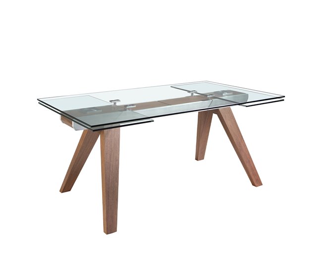 ANGEL CERDA Mesa comedor extensible rectangular cristal templado y nogal 270x100 Nogal