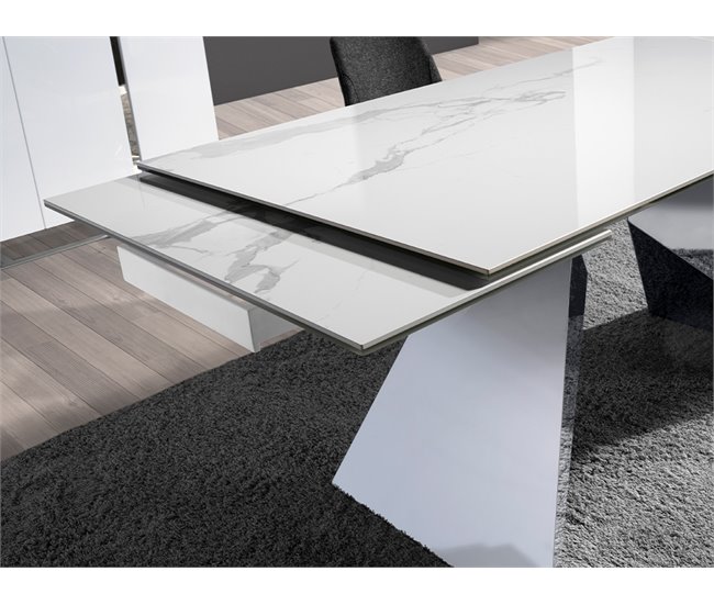 ANGEL CERDA Mesa comedor extensible rectangular mármol porcelánico y acero cromado 240x90 Blanco/ Gris