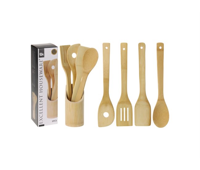 Set utensilios 5 piezas + bote de BAMBÚ Madera