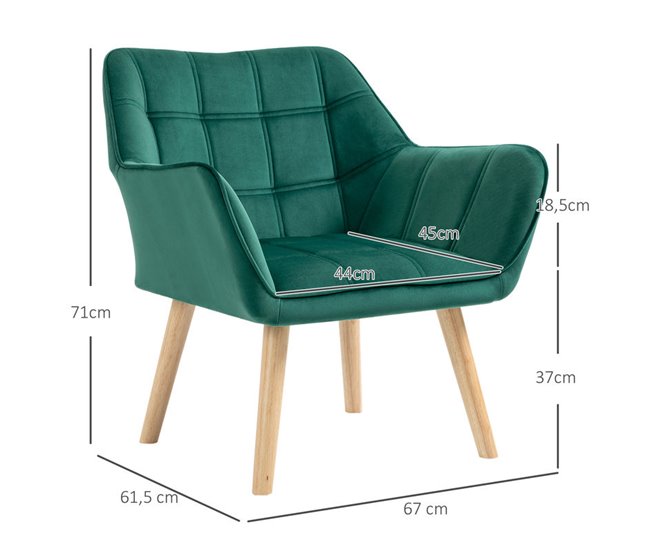 Butaca de Salón Terciopelo, Madera de Caucho HOMCOM Verde