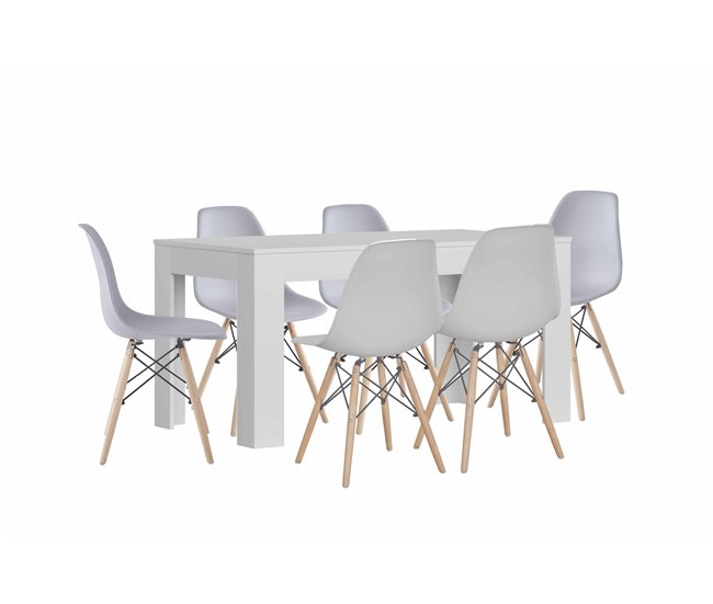 Mesa Extensible de Comedor o Cocina + 6 Sillas Estilo Nordico 178x80 Blanco/ Gris