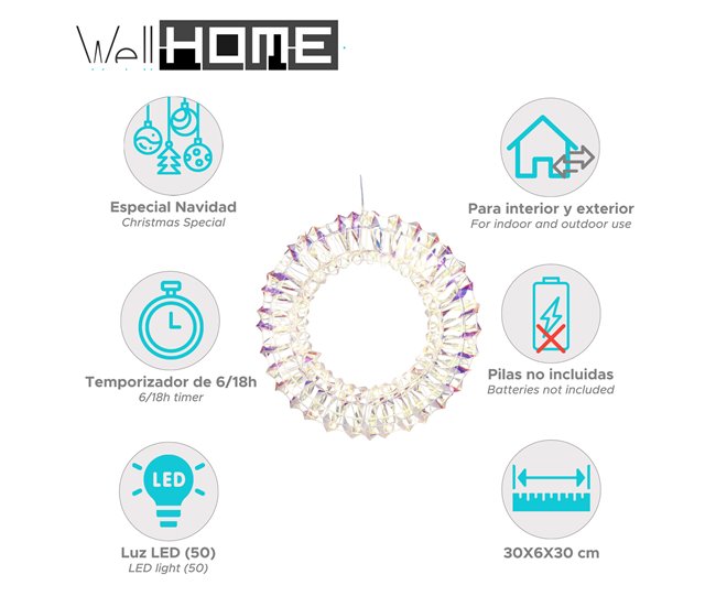 Corona metálica Luminosa con 50 micro LED de diseño retorcido Multicolor
