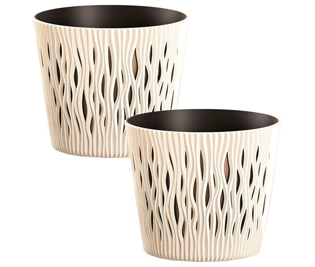 2x Maceta redonda de plastico Sandy Round Crema