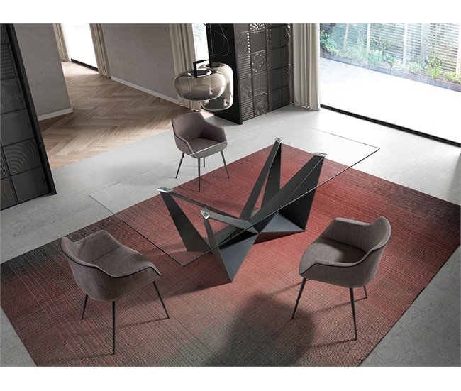 Mesa comedor rectangular cristal templado y acero negro Transparente