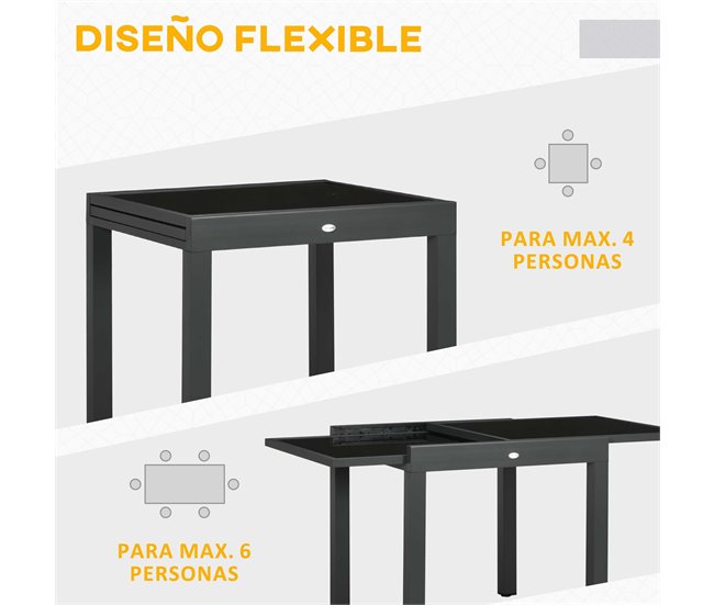 Mesa de Jardín Aluminio, Vidrio templado Outsunny 160x80 Negro