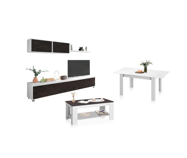 Pack salón con mesa de centro y mesa de comedor Arlet Max 200 Blanco/ Gris