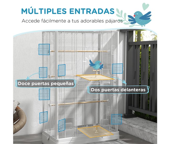 Jaula para Pájaros Acero, Madera de Abeto PawHut Blanco