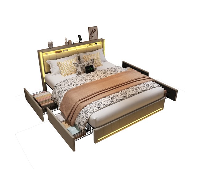 Cama, USB, Tipo C, Cama de Descanso, 4 Cajones, LED 148x213 Beige