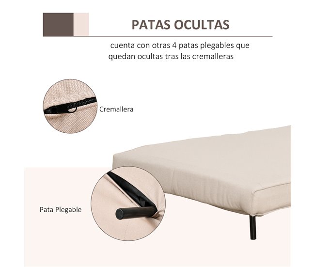 Sofá Cama Poliéster con Tacto de Lino, Madera de Caucho HOMCOM Crudo