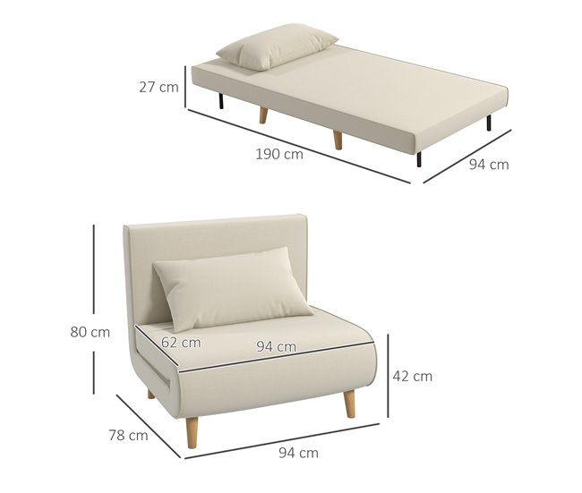 Sofá Cama Poliéster con Tacto de Lino, Madera de Caucho HOMCOM Crudo
