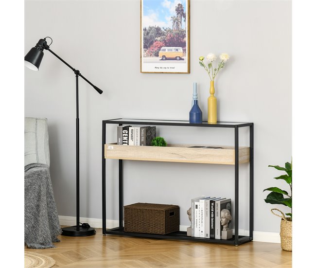 Mesa Consola Vidrio Templado, MDF, Metal HOMCOM 108 Negro